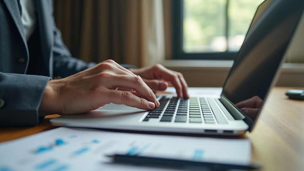 Eye-level view of a small business owner planning marketing strategies on a laptop