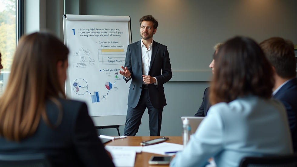 Eye-level view of a business meeting with a marketing consultant presenting a strategy