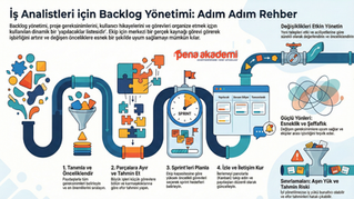 İş analistleri için backlog yönetimi adımları: önceliklendirme, iş parçalama, sprint planlama ve takip infografiği