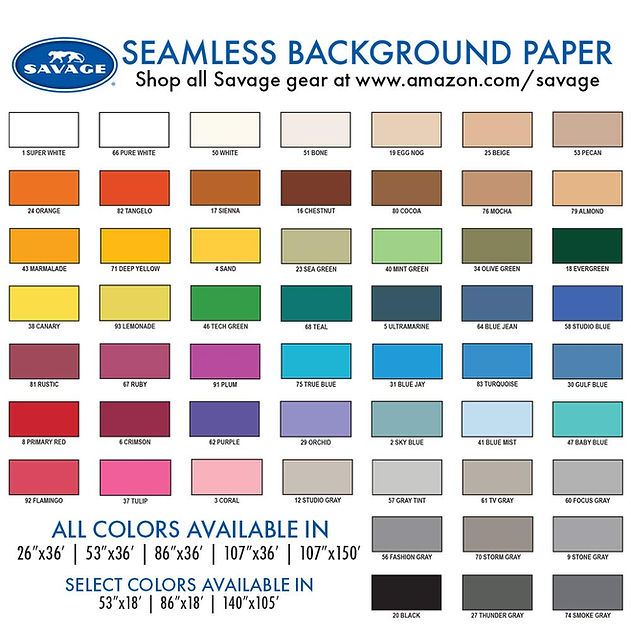 Paper roll coloured backdrop options for Savage brand