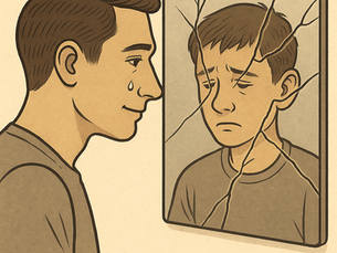 Adult with tear in his eye looks back with compassion at his frowning (ashamed) younger self through a broken mirror