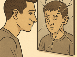 Adult with tear in his eye looks back with compassion at his frowning (ashamed) younger self through a broken mirror