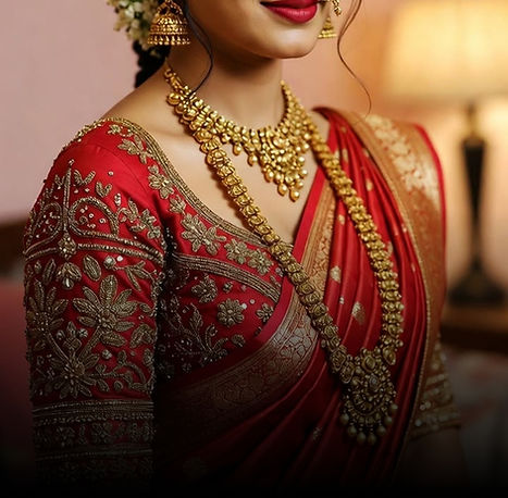 A photograph of a traditional Indian bride in a richly embroidered saree, adorned with jew
