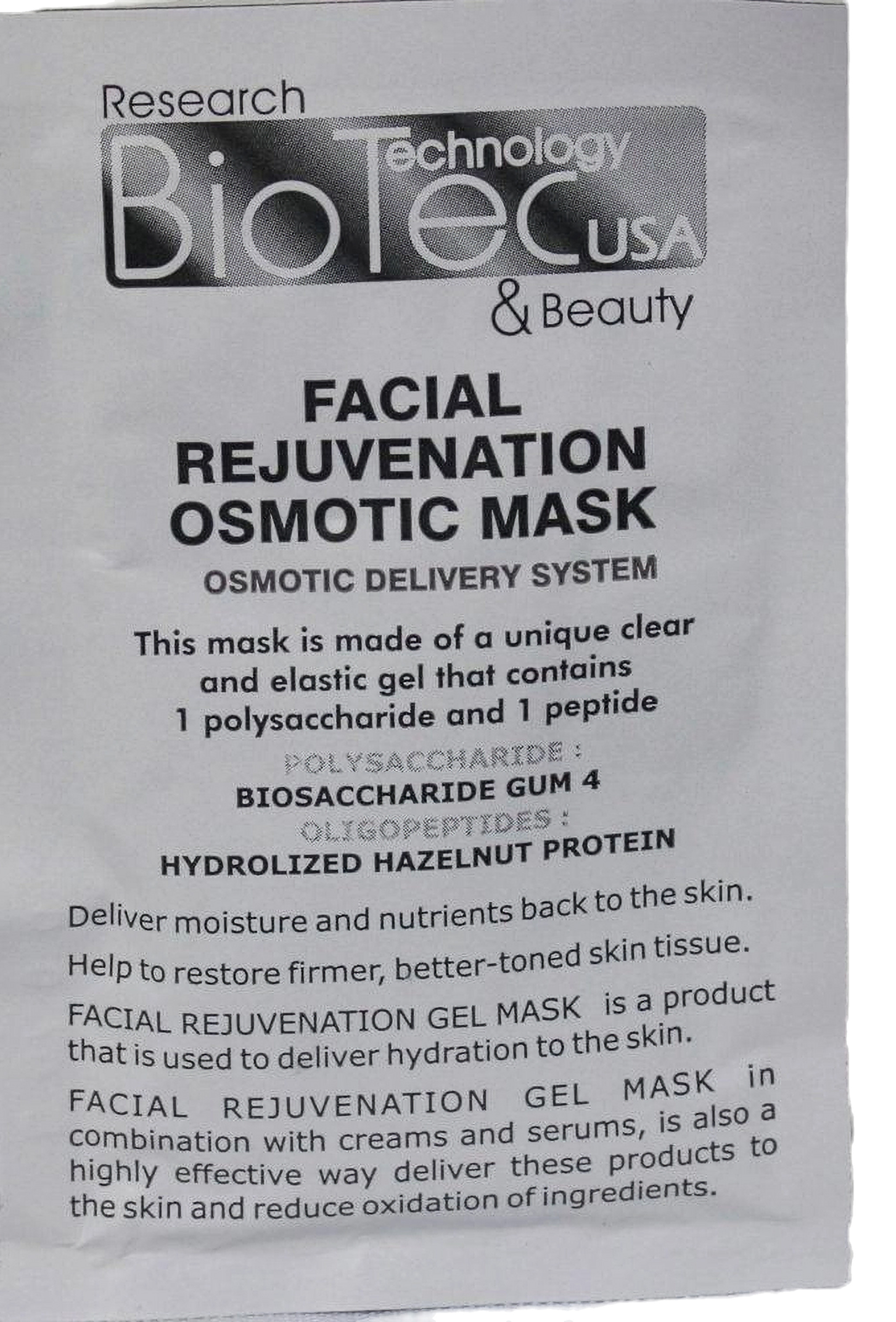 Black-and-white Biotec USA facial rejuvenation osmotic mask package with dense product text on a plain white background