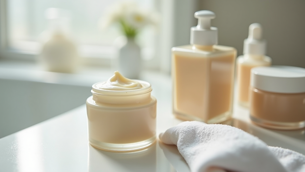 Close-up view of skincare routine with probiotic cream and moisturizer
