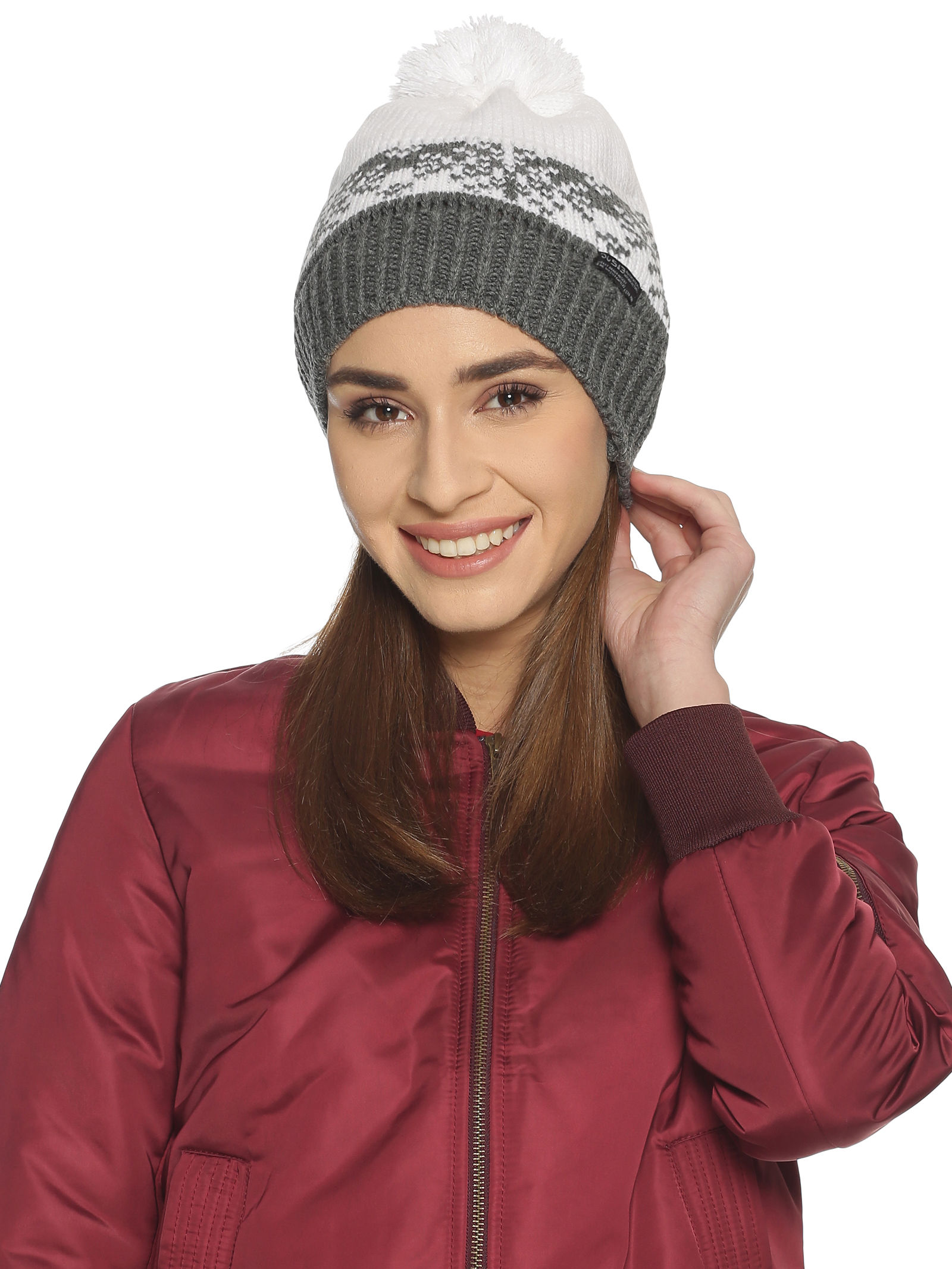 513 Women's Christmas Snowflake Pom-Pom Beanie Cap (Navy,Brown,Grey))