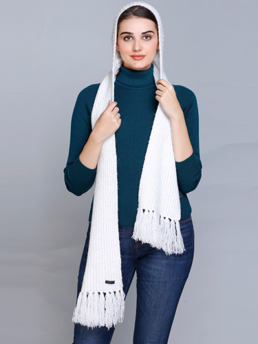 513's Knitted White Headscarf Muffler with fringes | Jolly 513