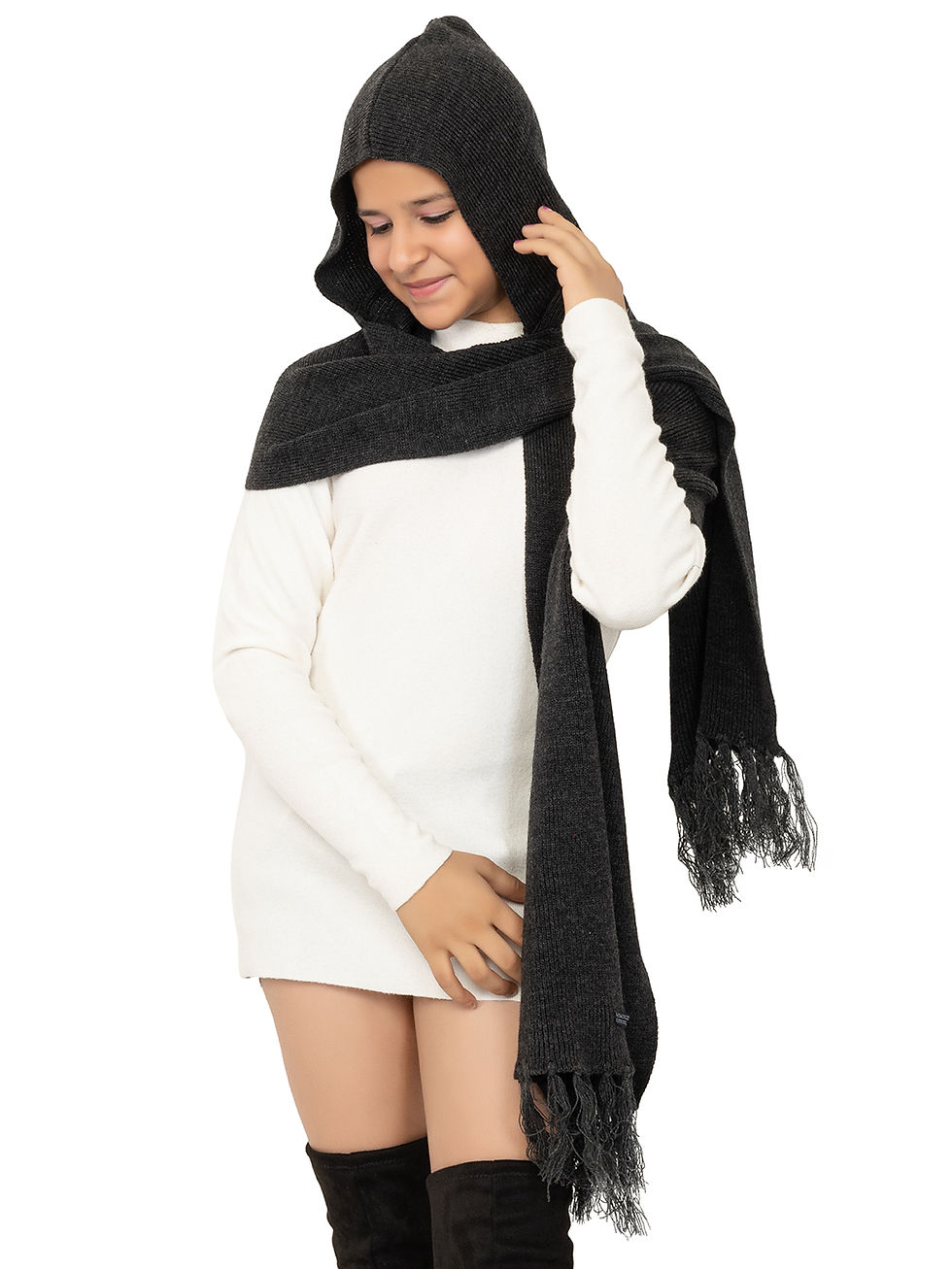 Thumbnail: 513 Girls Knitted Acrylic Winter Hooded Muffler