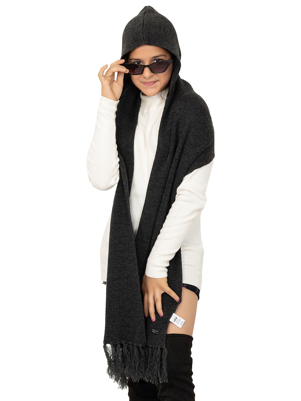 Thumbnail: 513 Girls Knitted Acrylic Winter Hooded Muffler