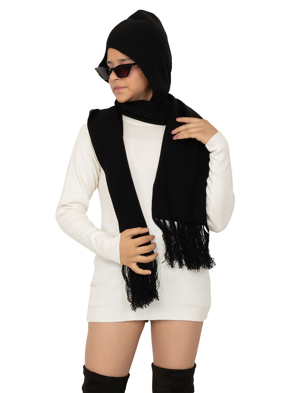 Thumbnail: 513 Girls Knitted Acrylic Winter Hooded Muffler