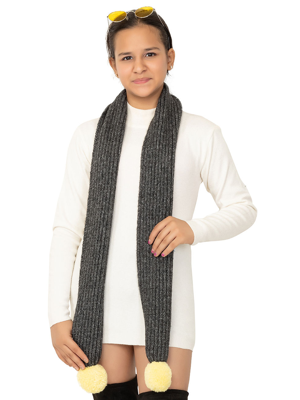 Thumbnail: 513 Girls Knitted Pom Pom Acrylic Winter Muffler
