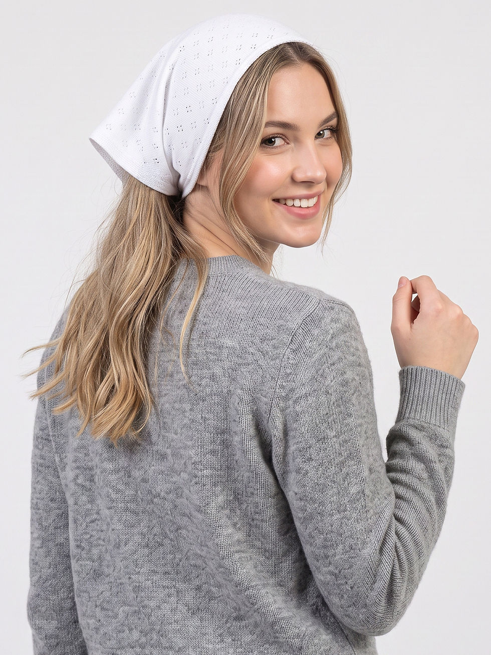 Thumbnail: Women Pointelle Cloud White Knitted triangle head neck scarf