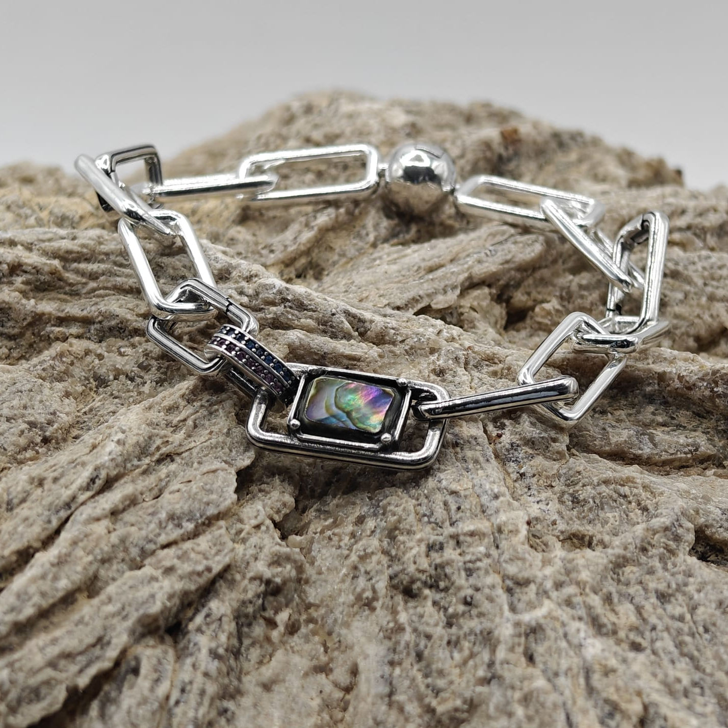 Bracelet charms argent 925 nacre abalone personnalisable_ Vue d'ensemble