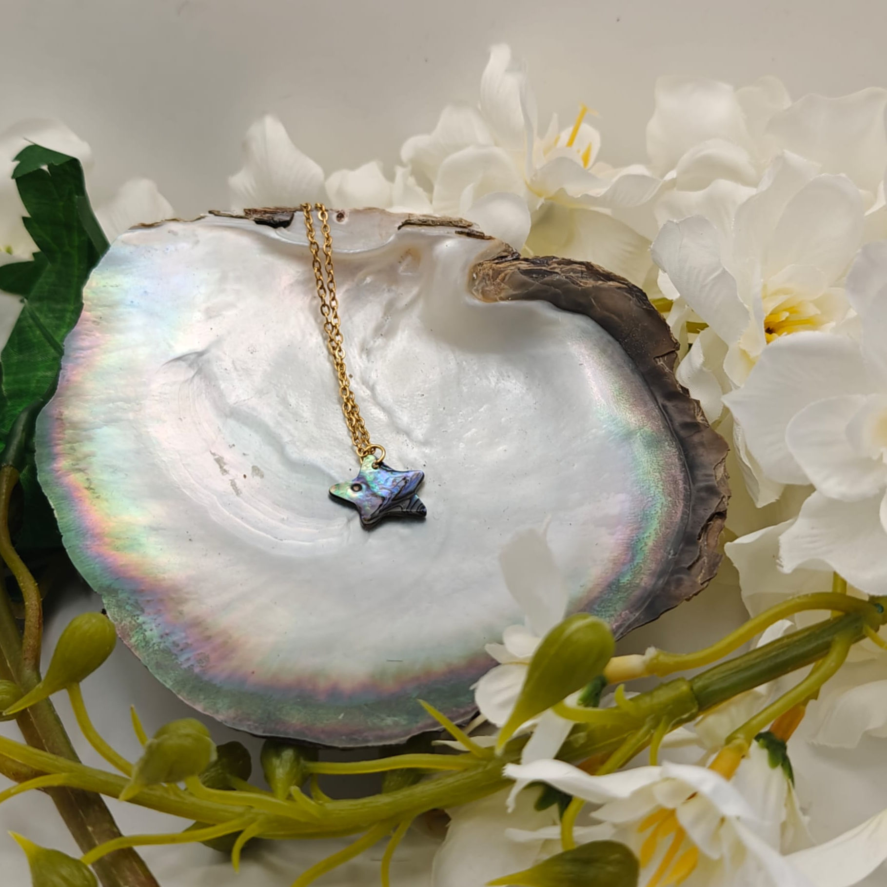 Collier étoile en nacre d’abalone bleu vert sur chaine dorée - Vue d'ambiance