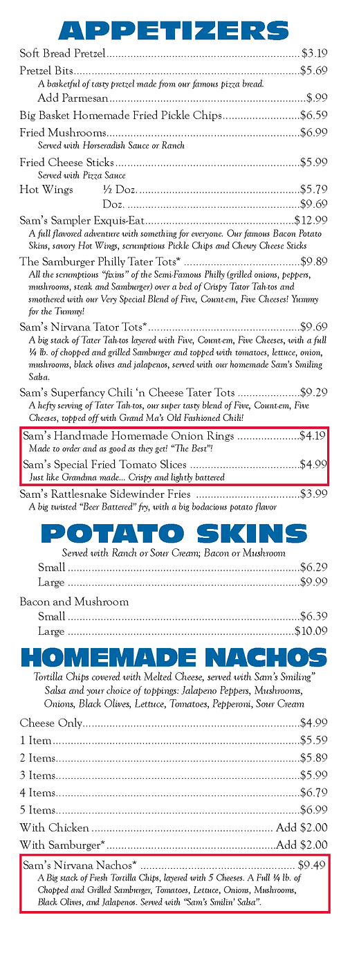 Sam's Burger Deli – Armuchee Schroeder's Menu