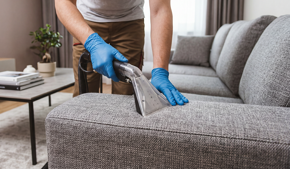 Upholstery cleaning on a fabric sofa using professional cleaning equipment