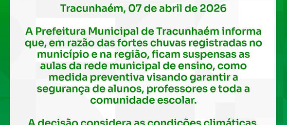 Chuvas fortes suspendem aulas da rede municipal em TracunhaémMedida preventiva foi adotada para garantir a segurança de alunos, professores e toda a comunidade escolar