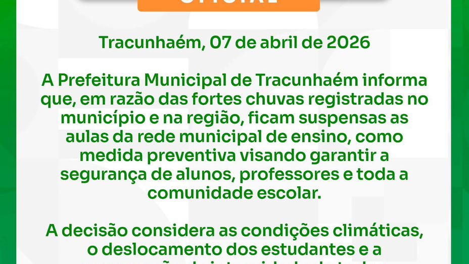 Chuvas fortes suspendem aulas da rede municipal em TracunhaémMedida preventiva foi adotada para garantir a segurança de alunos, professores e toda a comunidade escolar