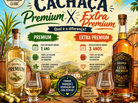 Ilustração sobre cachaça Premium e Extra Premium destacando envelhecimento em madeira terroir perfil sensorial e diferenças entre as categorias