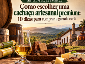 Ilustração sobre como escolher uma cachaça artesanal premium, com copo de cachaça, barris de madeira, cana-de-açúcar, madeiras para envelhecimento, queijos e chocolate, tendo como cenário um alambique em uma paisagem rural brasileira.