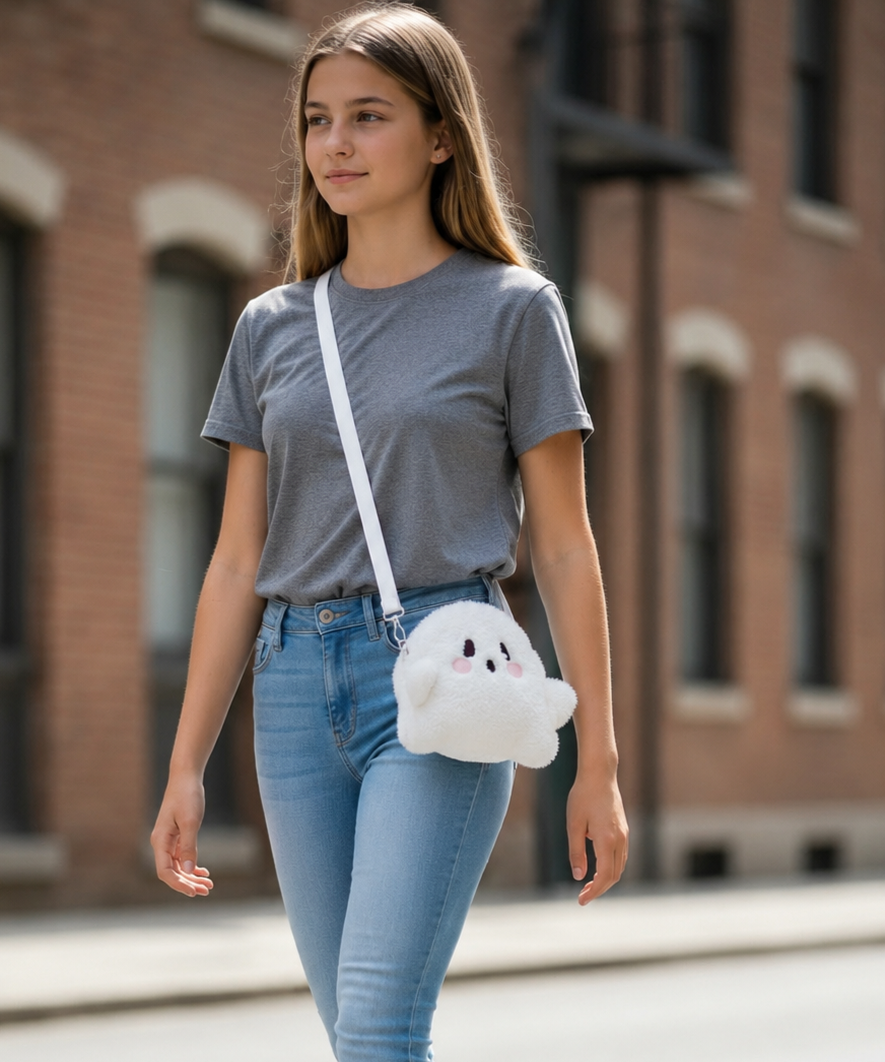 Plush Fuzzy White Ghost Crossbody Bag
