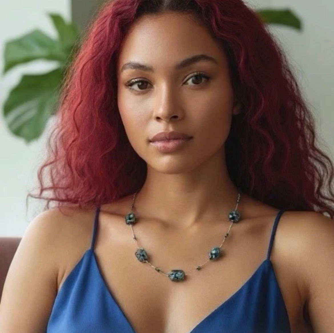 Murano-style Art Glass Blue Floral Bead Necklace