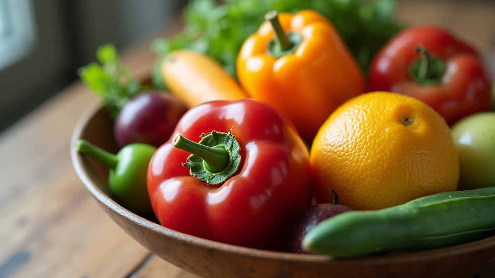 Close-up view of a bowl filled with fresh fruits and vegetables