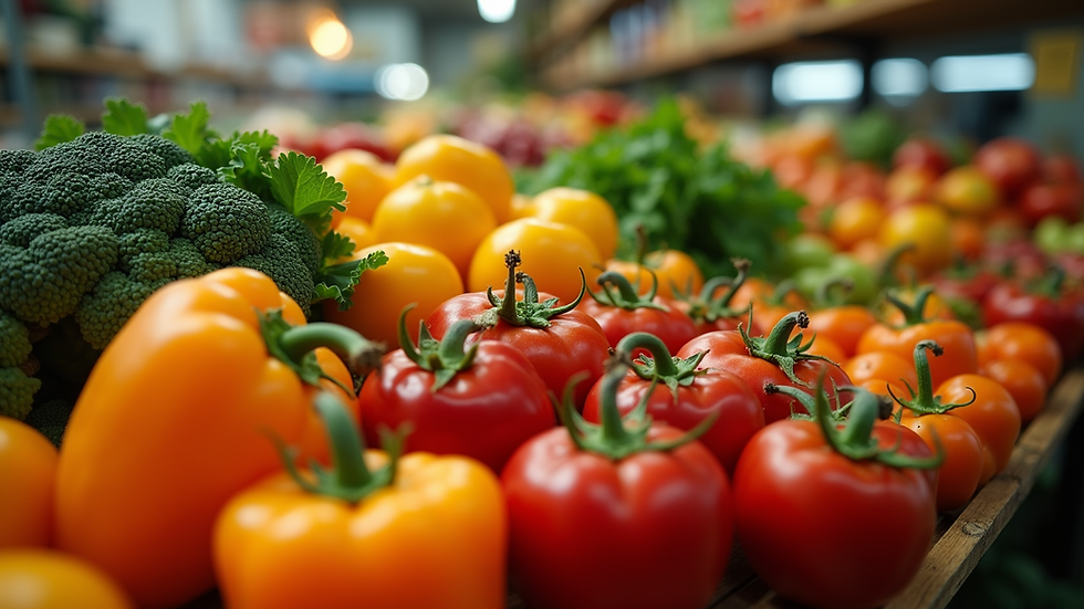High angle view of a variety of colorful fruits and vegetables