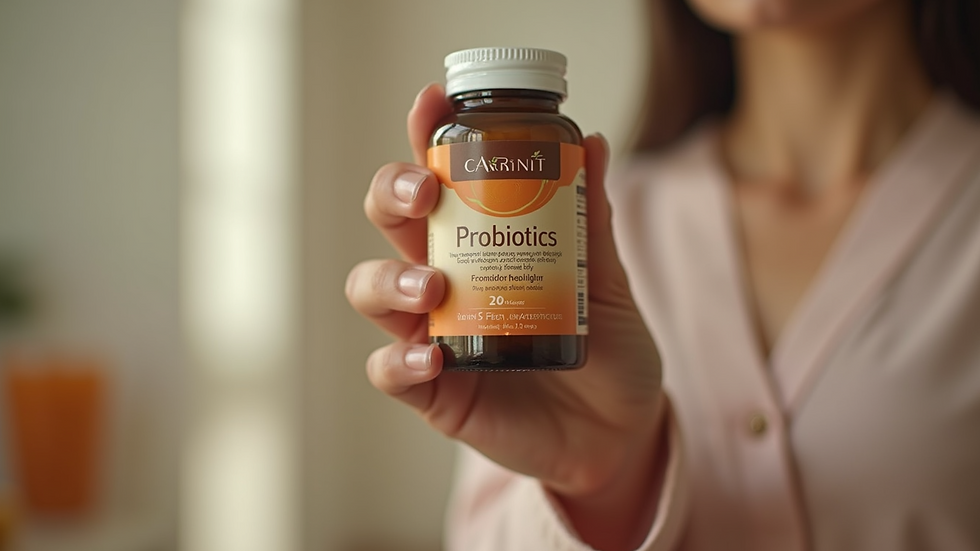 Eye-level view of a person holding a bottle of probiotics