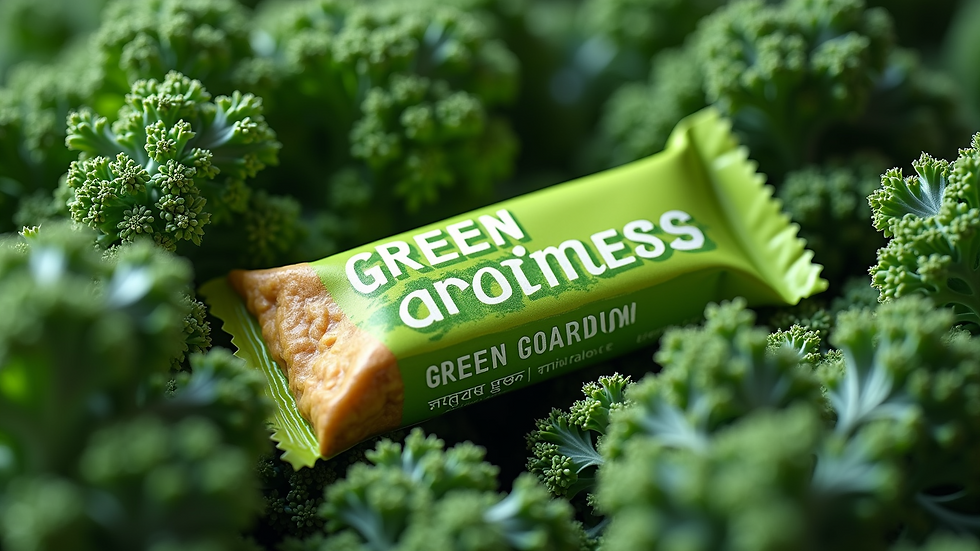 Close-up of a Green Goodness Bar surrounded by fresh green kale