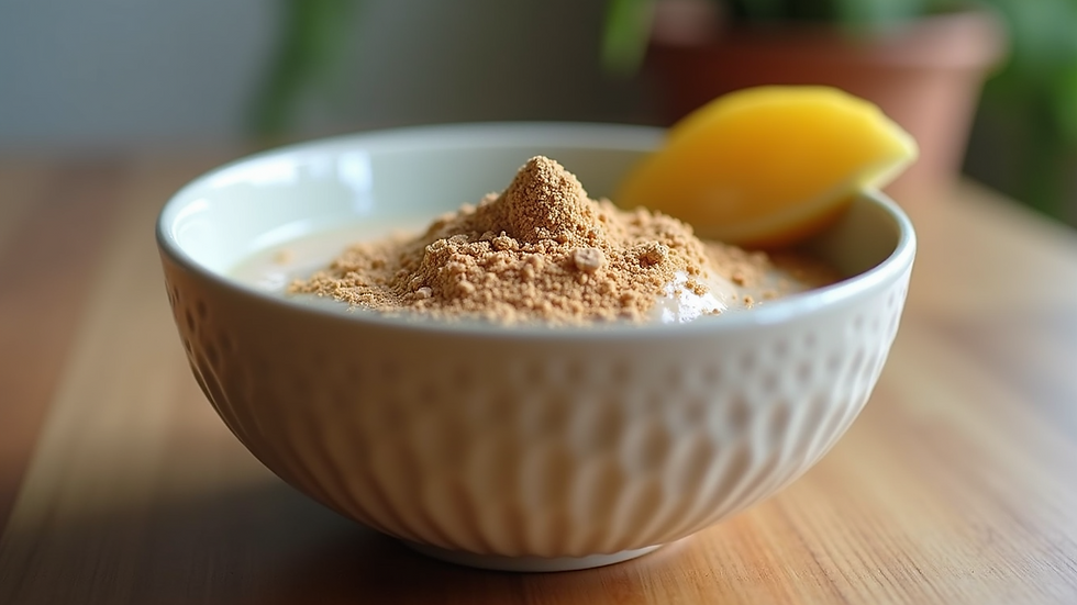 Eye-level view of a smoothie bowl topped with plant-based protein powder