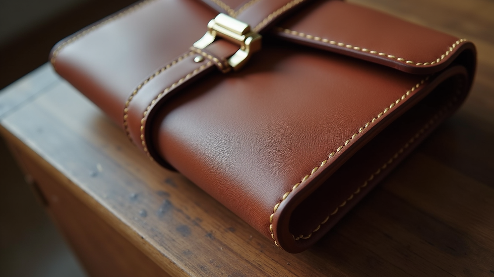 Eye-level view of a luxury handbag with detailed stitching