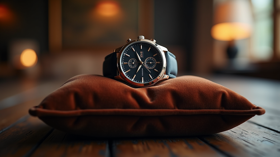 Eye-level view of a luxury watch displayed on a velvet cushion