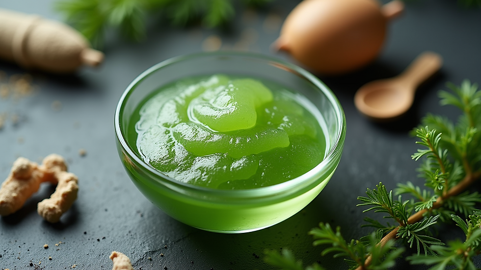 High angle view of sea moss gel in a glass bowl surrounded by ingredients