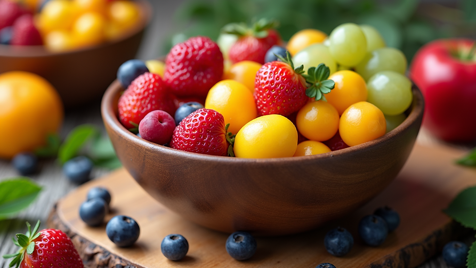 High angle view of a bowl filled with colorful fruits, representing vibrant health