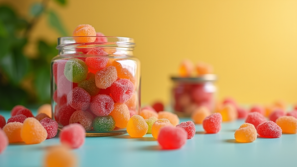 Eye-level view of a jar of colorful fiber gummies