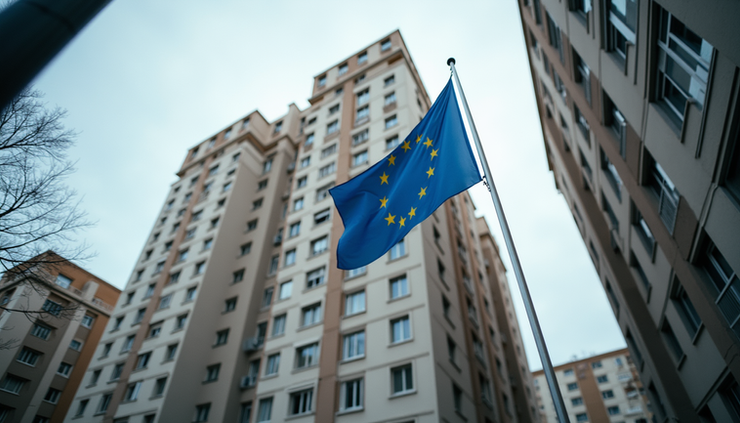 Vista frontal de prédio residencial em Berlim com bandeira da União Europeia ao lado