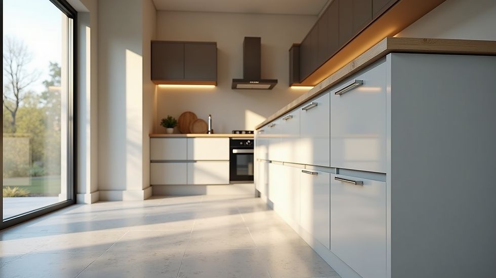 Eye-level view of a new build kitchen with visible minor defects