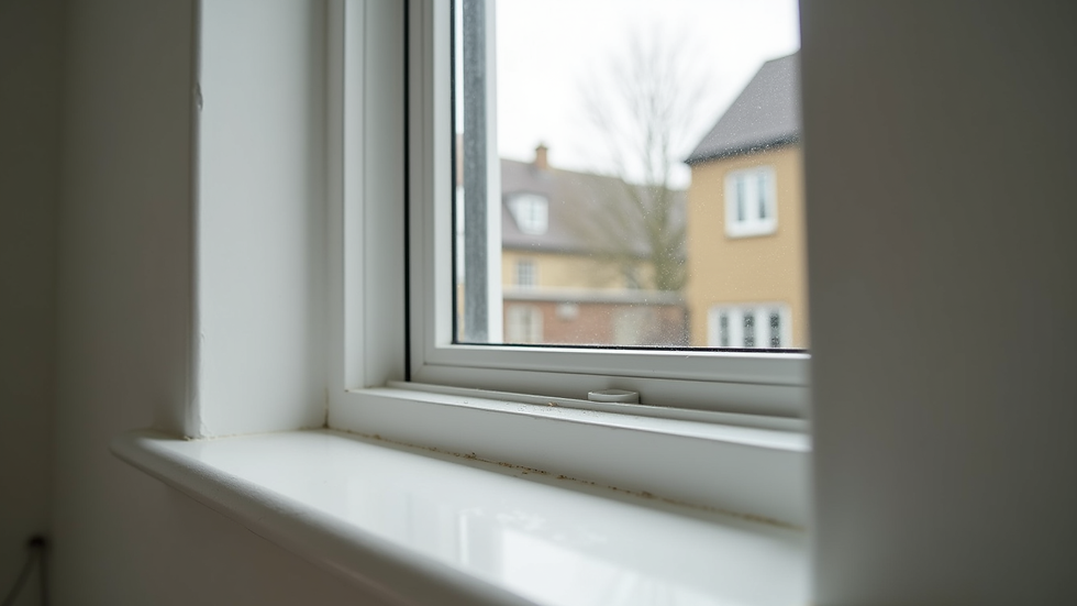 Eye-level view of a misaligned window frame in a new build home