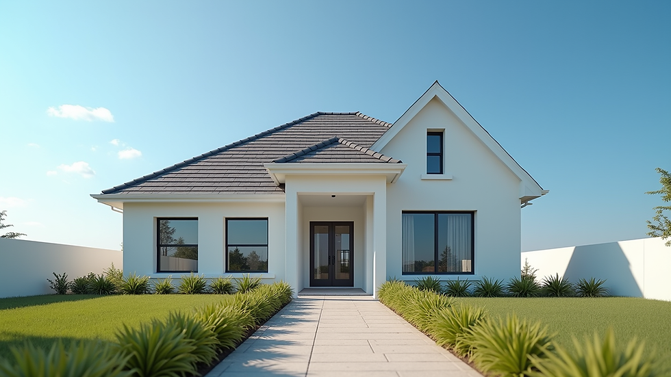 Eye-level view of a newly built home with a clear blue sky
