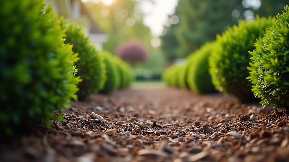 Eye-level view of a well-maintained garden bed with mulch and trimmed shrubs
