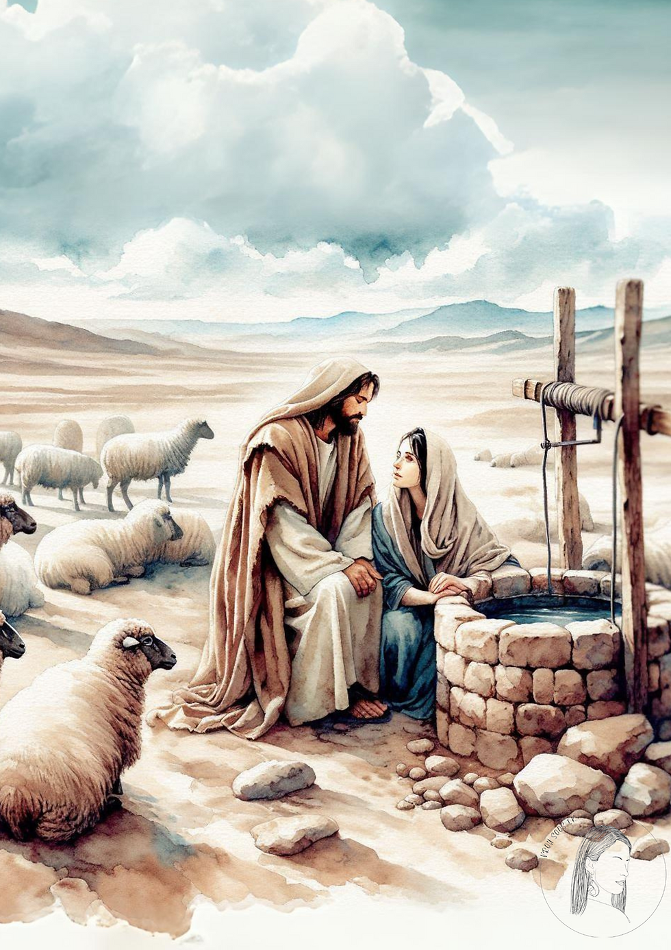 Die Vrou by die Put Waterverf Skets