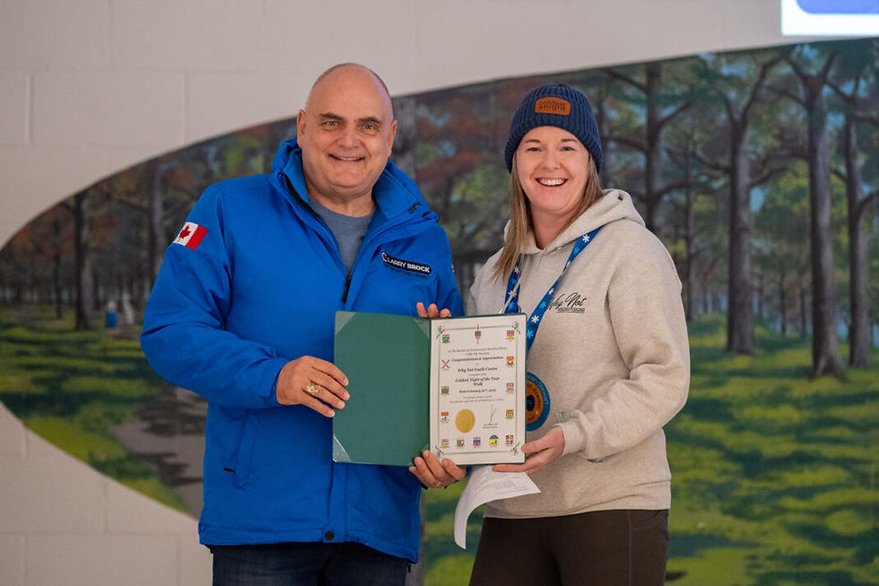 Larry Brock, MP for Brantford-Brant, poses alongside Karen Stewart, executive director of Why Not City Missions, during the annual Coldest Night of the Year walk on Saturday, February 22, 2025.