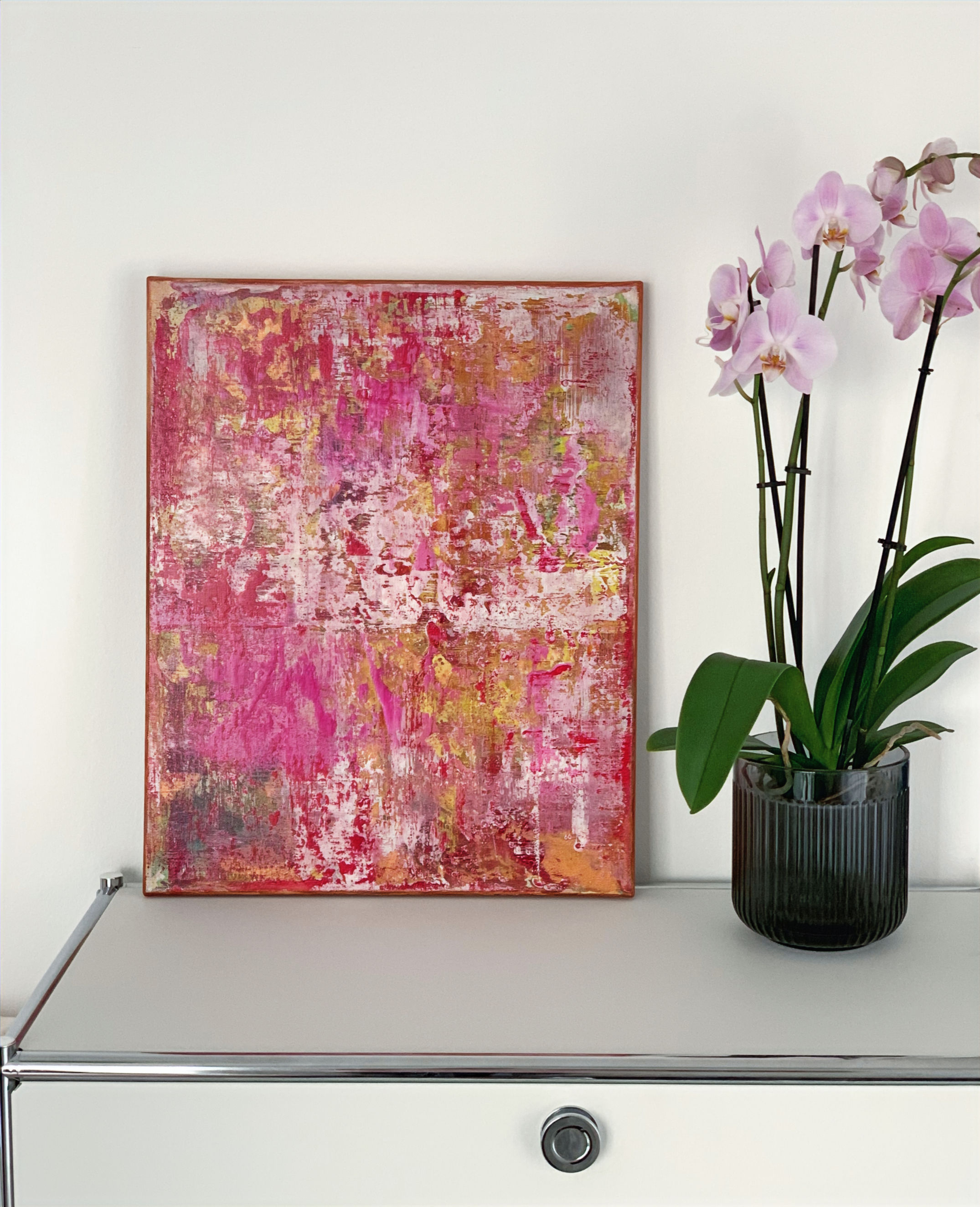Abstraktes Acrylbild goldenbreeze von Karin Neugebauer, Rakeltechnik, 50 x 70 cm
