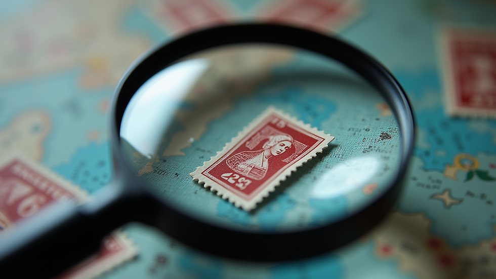 Eye-level view of a magnifying glass inspecting a rare stamp