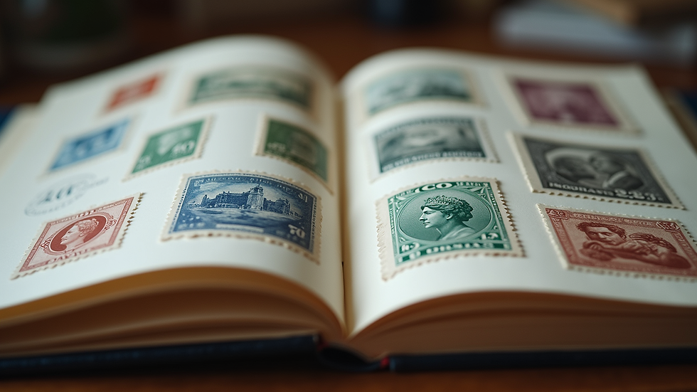 Eye-level view of a stamp album open with various stamps neatly arranged
