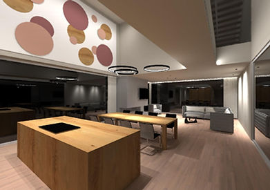 3D-Visualisierung moderner Innenbeleuchtung – Lichtkonzept mit LED-Deckenleuchten und warmem Raumlicht von Belighted Wien