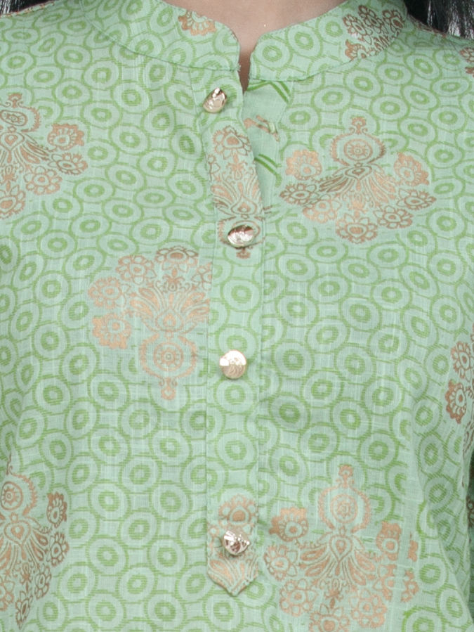 Thumbnail: Ethnic Girls Pista Green Gold Cotton Kurta Palazzo Set