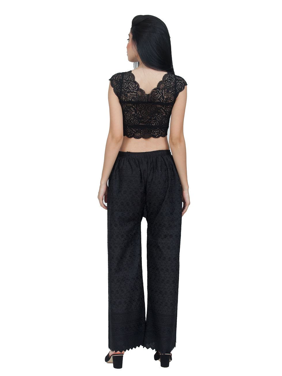 Thumbnail: Ethnic Girls Full Chikankari Black Cotton Palazzo Pant