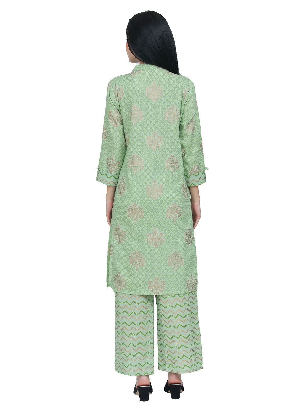 Thumbnail: Ethnic Girls Pista Green Gold Cotton Kurta Palazzo Set